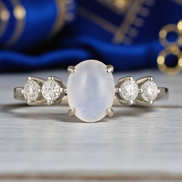 🆕Moonstone Minimalist Ring S925 Sterling Silver Genuine Gemstone CZ Stones Sz 8 - Picture 1 of 12